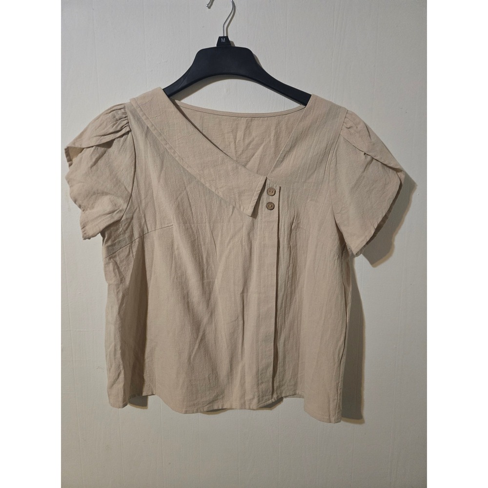 Womens‎ Tan Cotton Asymmetrical Neckline Puff Short Sleeve Blouse Top XL
